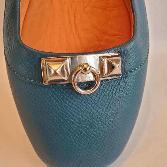 Like-New Hermes Liberty Epsom Calfskin Leather Blue Driving Flats Ballet Shoes - Picture 7 of 16